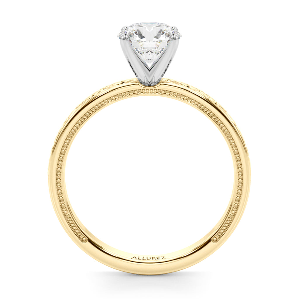 Vintage Style Heart Engraved Engagement Ring 18K Yellow Gold