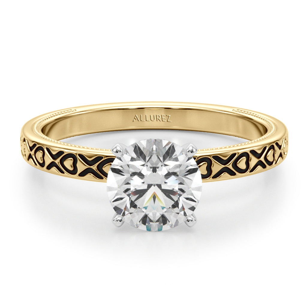 Vintage Style Heart Engraved Engagement Ring 18K Yellow Gold