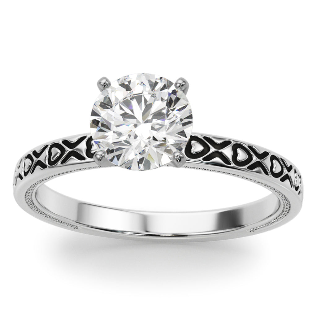 Vintage Style Heart Engraved Engagement Ring in Platinum