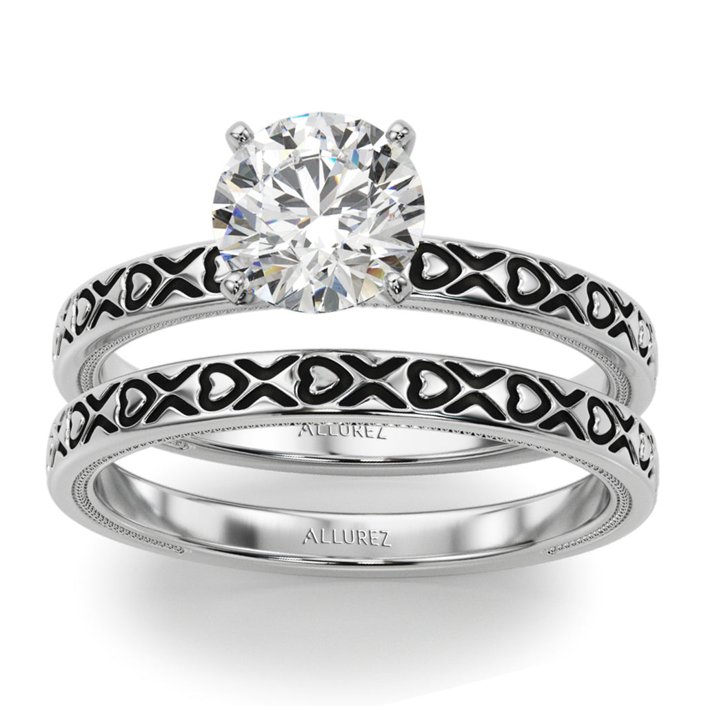 Vintage Style Heart  Engraved Bridal Set 14K White Gold