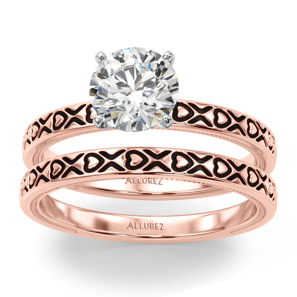 Vintage Style Heart Engraved Bridal Set 18K Rose Gold