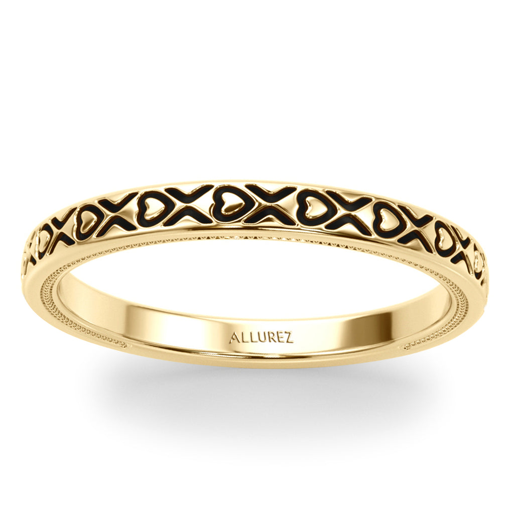 Vintage Style Heart Engraved Wedding Band Ring 14K Yellow Gold