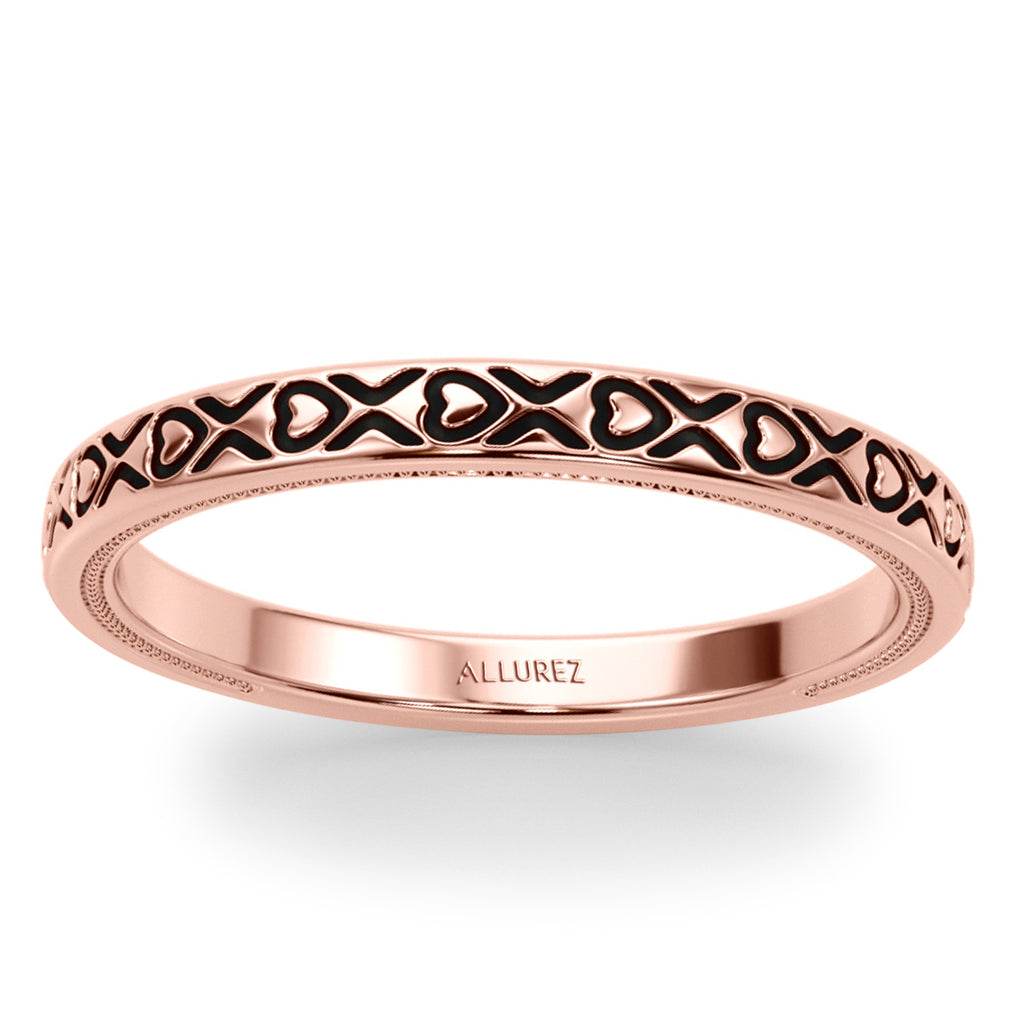 Vintage Style Heart Engraved Wedding Band Ring 18K Rose Gold