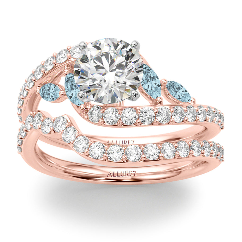 Swirl Design Lab Diamond & Marquise Lab Aquamarine Bridal Ring Set 14K Rose Gold (0.96ct)