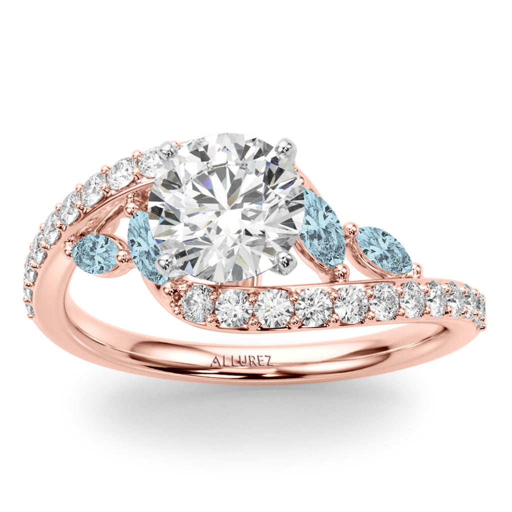 Swirl Design Lab Diamond & Marquise Lab Aquamarine Bridal Ring Set 14K Rose Gold (0.96ct)