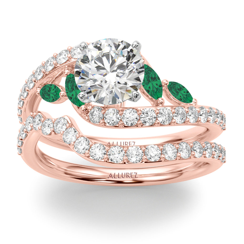 Swirl Design Diamond & Marquise Emerald Bridal Ring Set 14K Rose Gold (0.96ct)