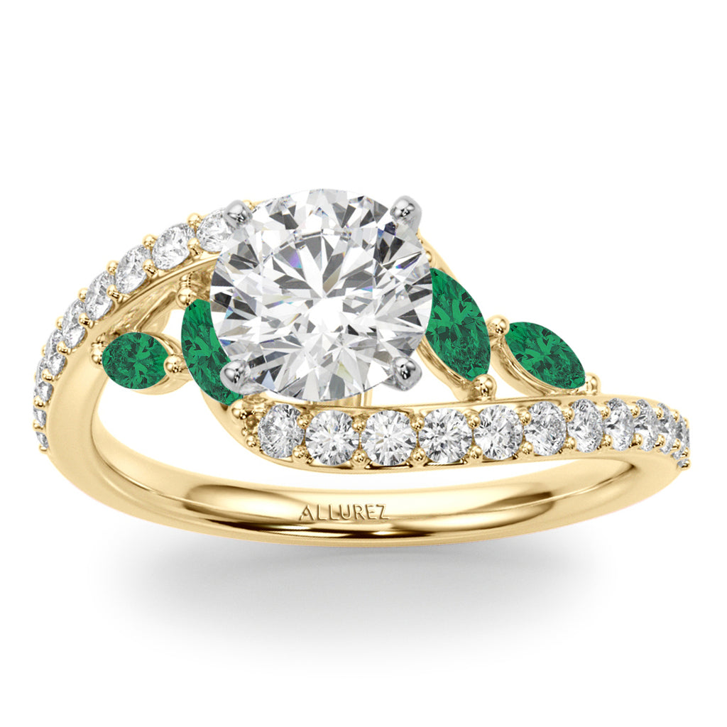 Swirl Design Diamond & Marquise Emerald Bridal Ring Set 14K Yellow Gold (0.96ct)