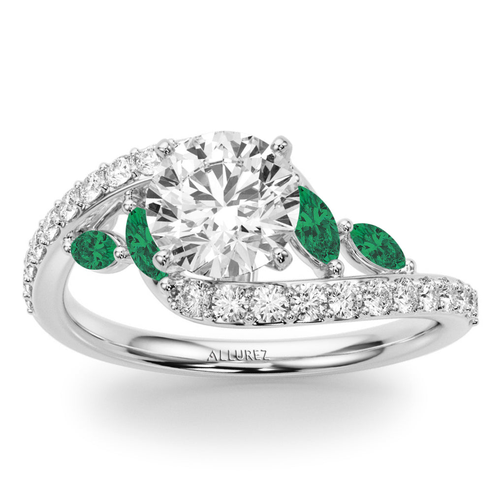 Swirl Design Lab Grown Diamond & Marquise Lab Emerald Bridal Ring Set 18K White Gold (0.96ct)
