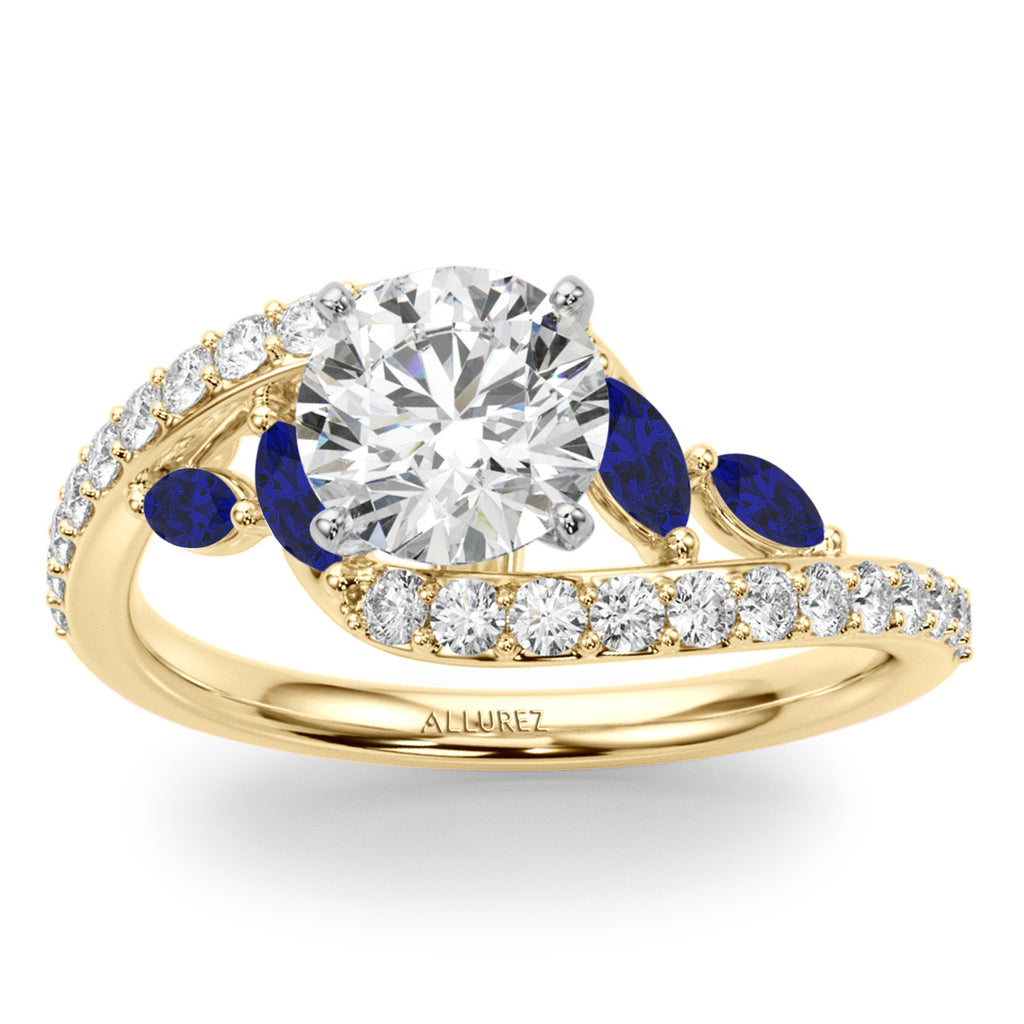 Swirl Design Diamond & Marquise Sapphire Bridal Ring Set 18K Yellow Gold (0.96ct)