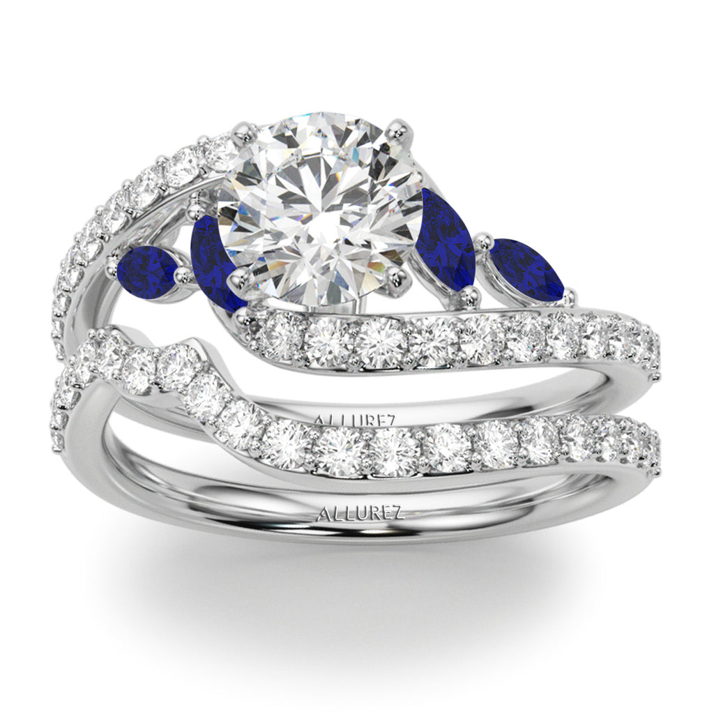 Swirl Design Diamond & Marquise Sapphire Bridal Ring Set in Palladium (0.96ct)