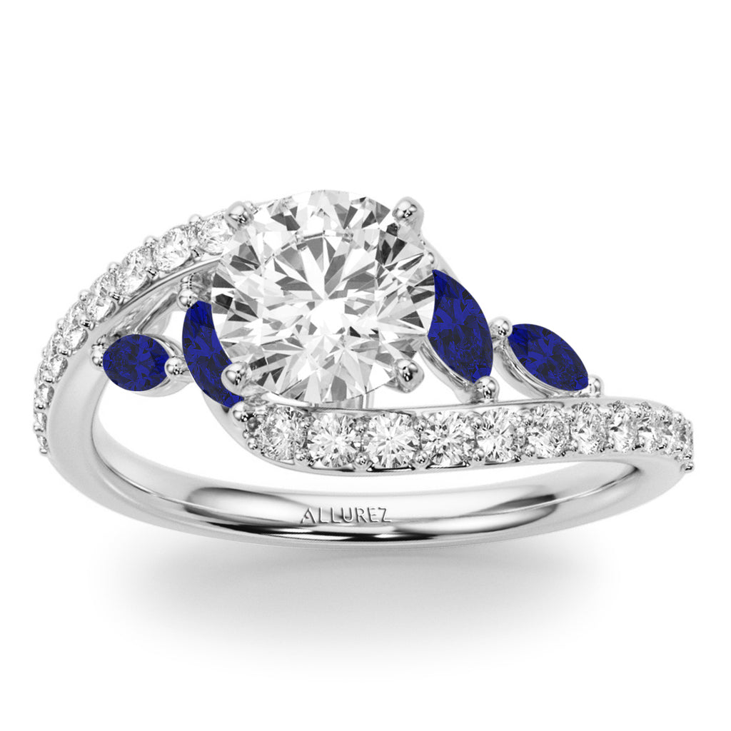 Swirl Design Diamond & Marquise Sapphire Bridal Ring Set in Palladium (0.96ct)
