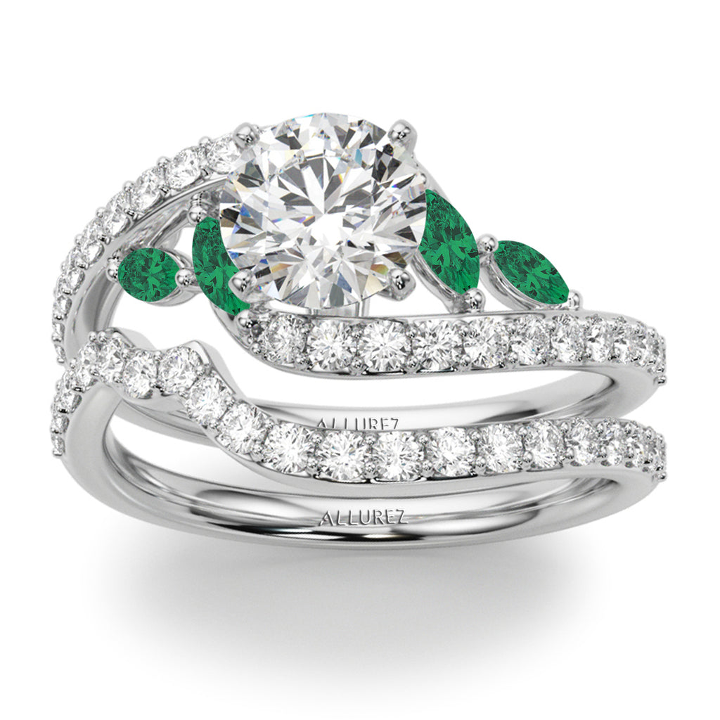 Swirl Design Lab Grown Diamond & Marquise Lab Emerald Bridal Ring Set in Palladium (0.96ct)