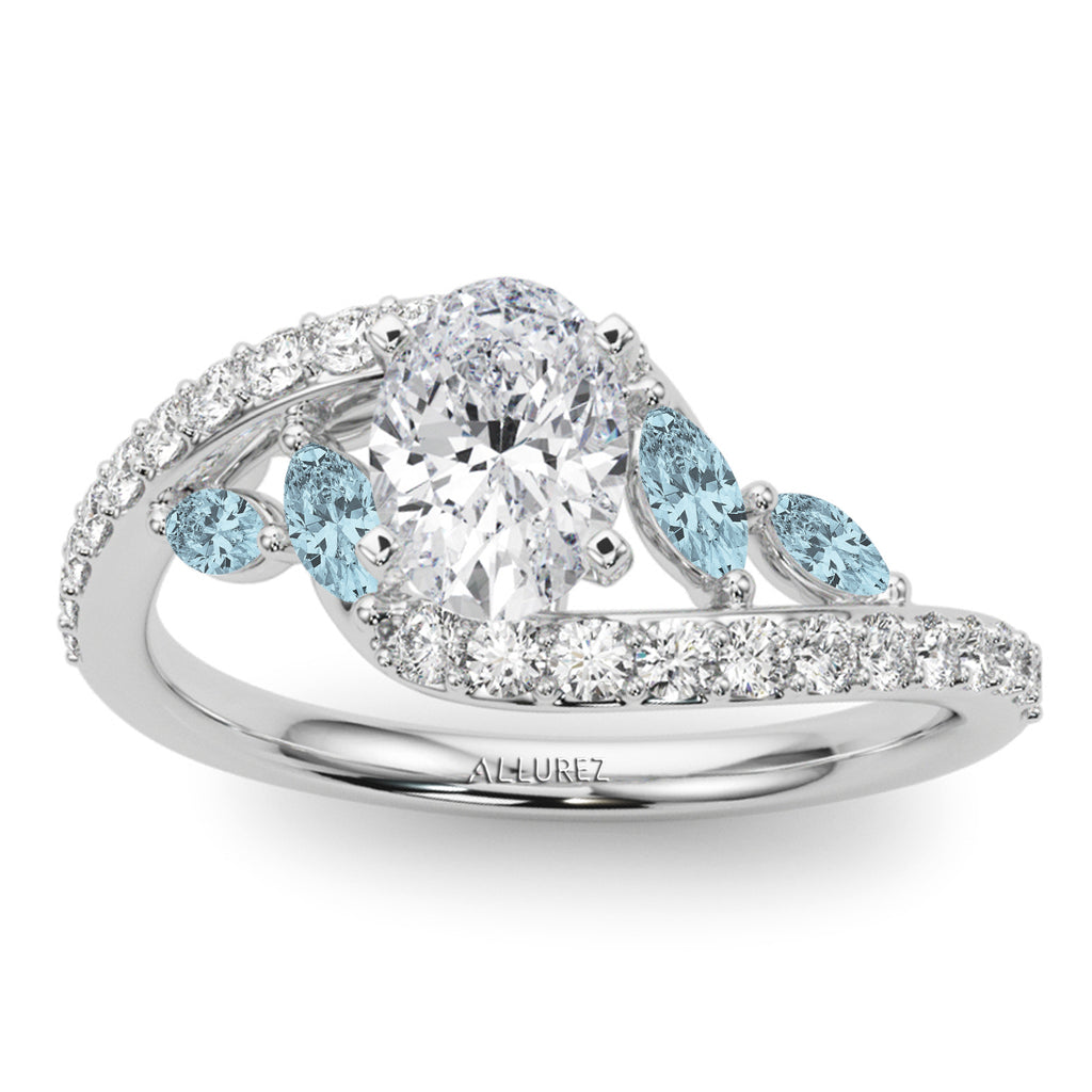 Swirl Design Lab Grown Diamond & Marquise Lab Aquamarine Engagement Ring 14K White Gold (0.63ct)