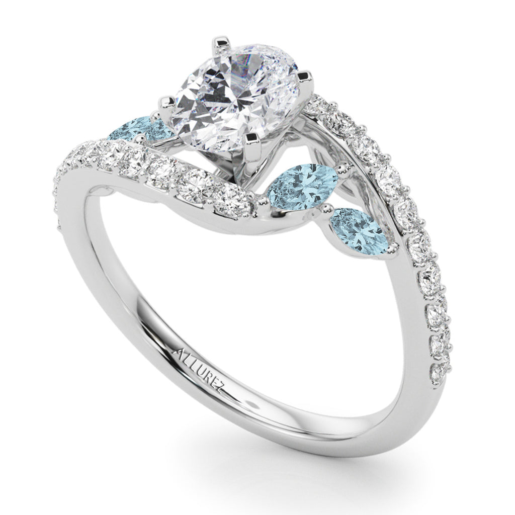 Swirl Design Diamond & Marquise Aquamarine Engagement Ring 14K White Gold (0.63ct)
