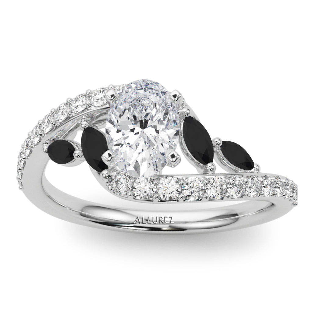 Swirl Design Diamond & Marquise Black Diamond Engagement Ring 14K White Gold (0.63ct)