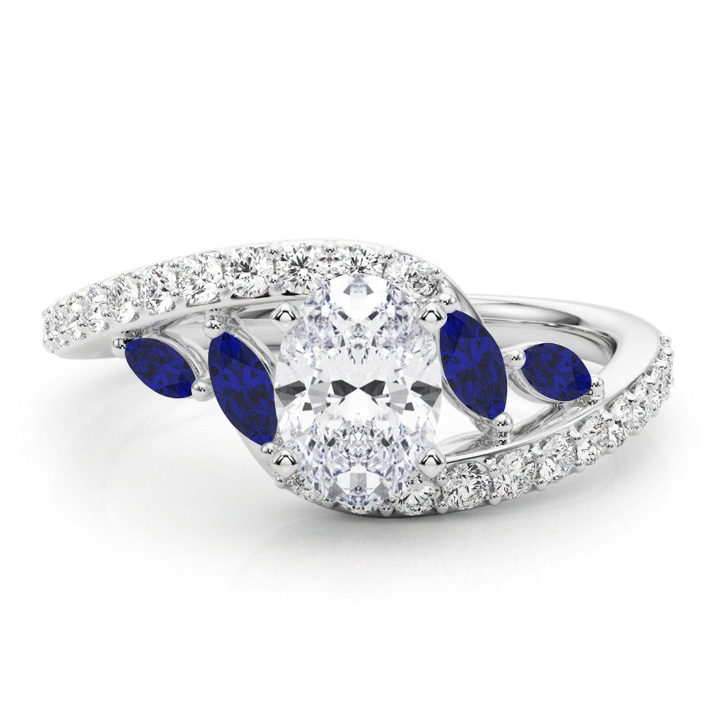 Swirl Design Diamond & Marquise Sapphire Engagement Ring 14K White Gold (0.63ct)