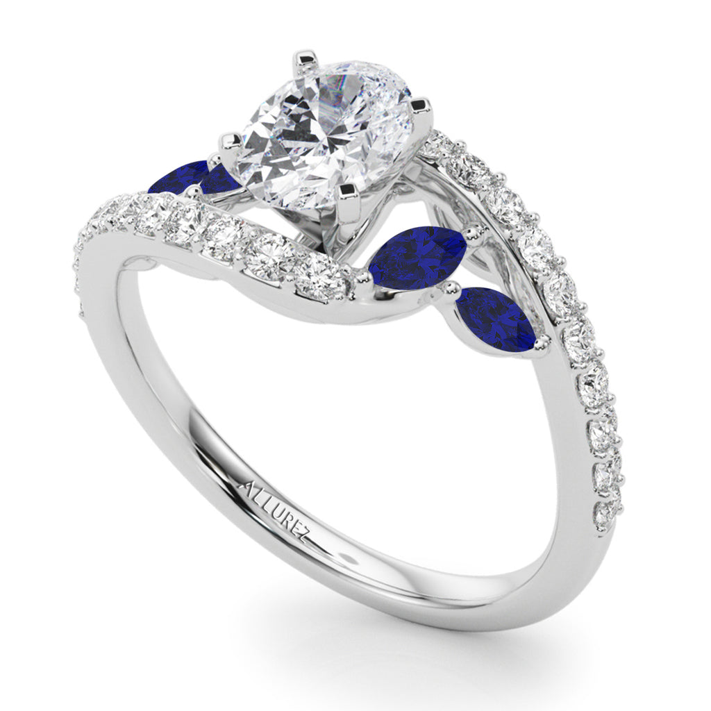 Swirl Design Diamond & Marquise Sapphire Engagement Ring 14K White Gold (0.63ct)
