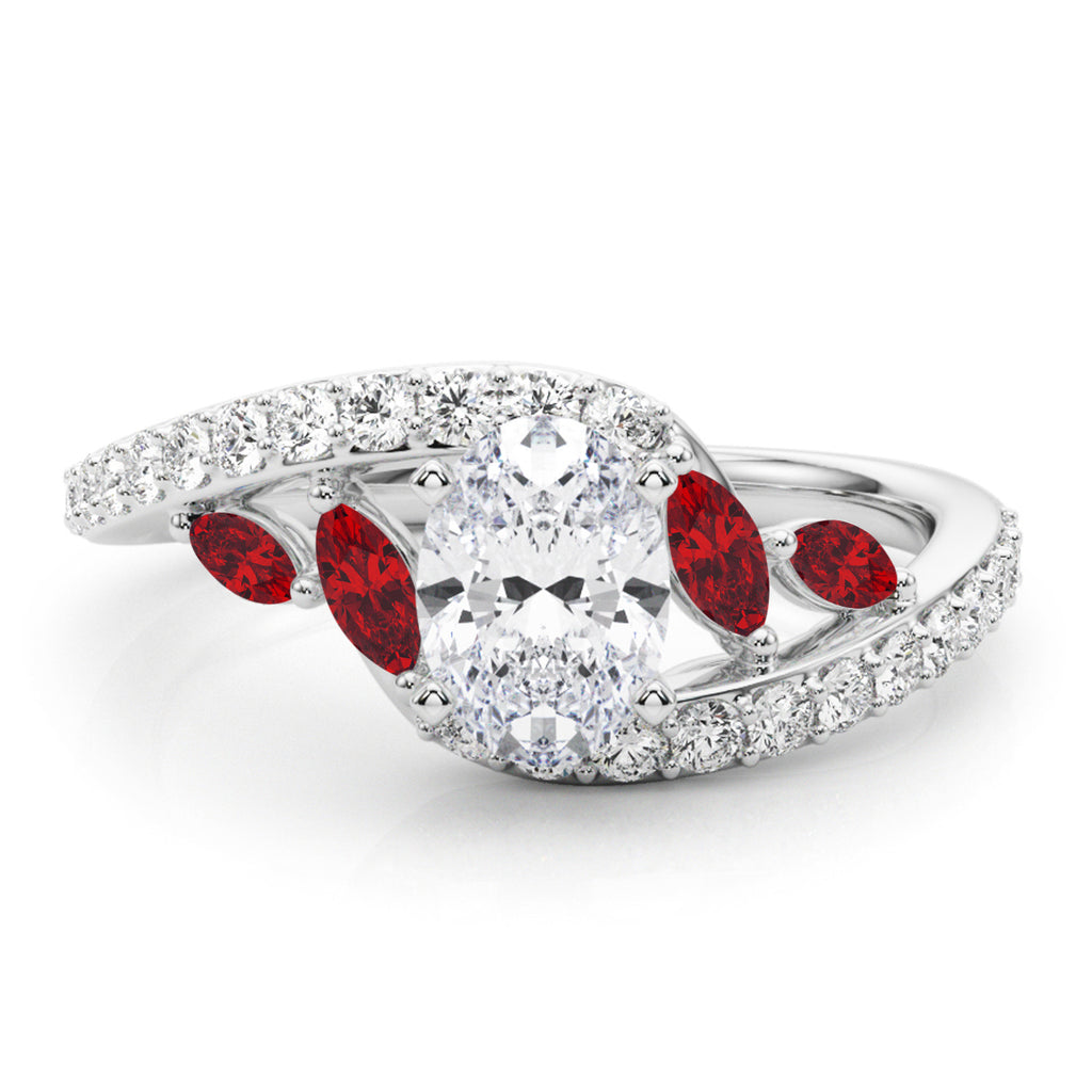 Swirl Design Diamond & Marquise Ruby Engagement Ring 14K White Gold (0.63ct)