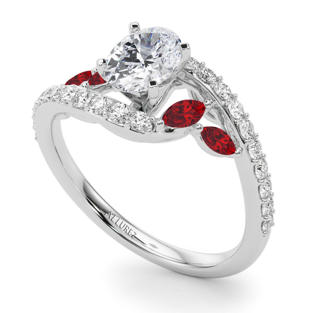 Swirl Design Diamond & Marquise Ruby Engagement Ring 14K White Gold (0.63ct)