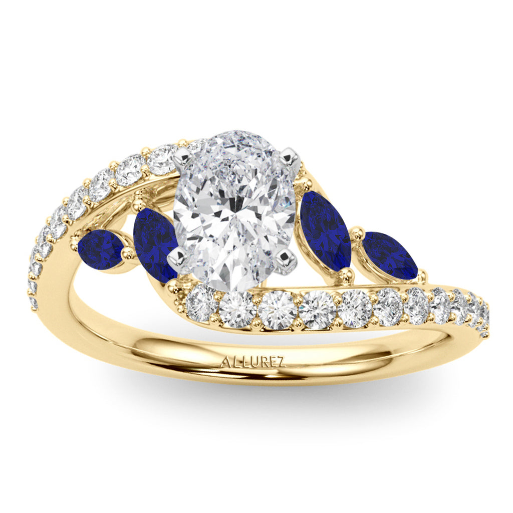 Swirl Design Diamond & Marquise Sapphire Engagement Ring 14K Yellow Gold (0.63ct)