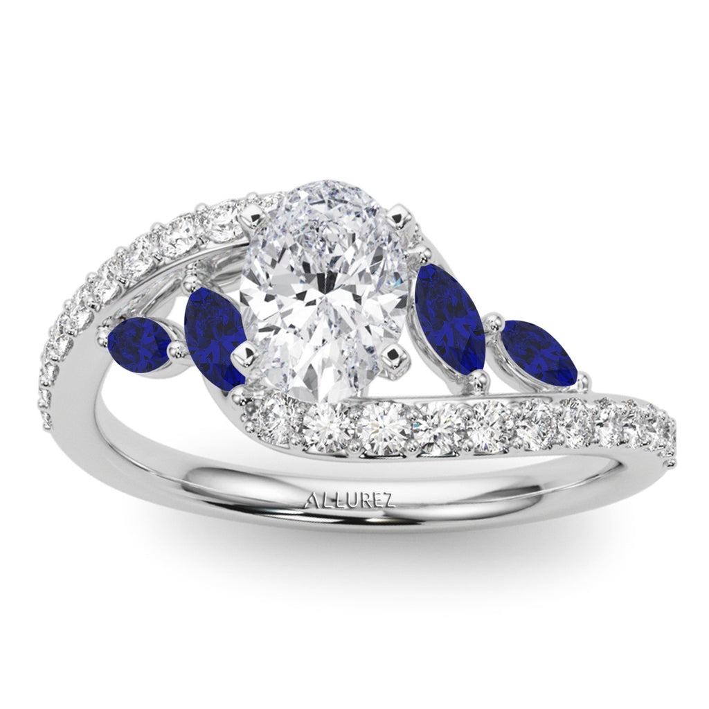 Swirl Design Diamond & Marquise Sapphire Engagement Ring 18K White Gold (0.63ct)