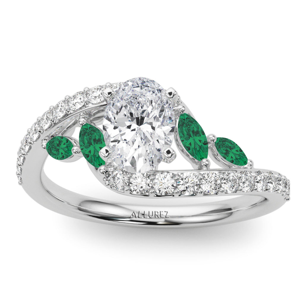 Swirl Design Lab Diamond & Marquise Lab Emerald Engagement Ring 18K White Gold (0.63ct)