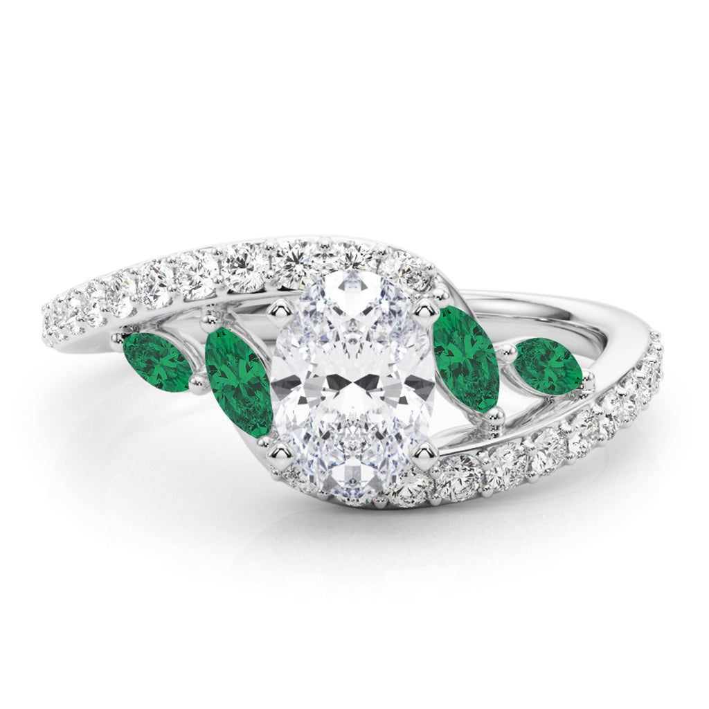 Swirl Design Lab Diamond & Marquise Lab Emerald Engagement Ring 18K White Gold (0.63ct)