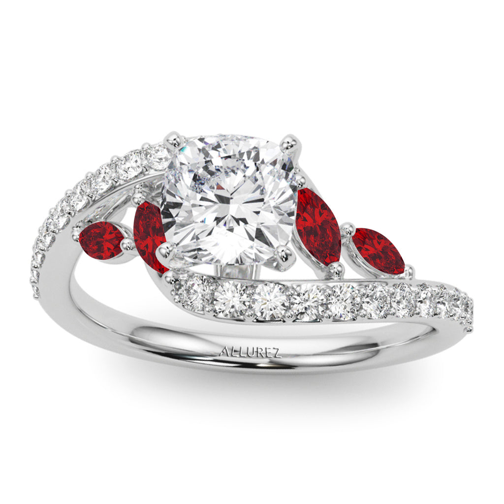 Swirl Design Diamond & Marquise Ruby Engagement Ring 18K White Gold (0.63ct)