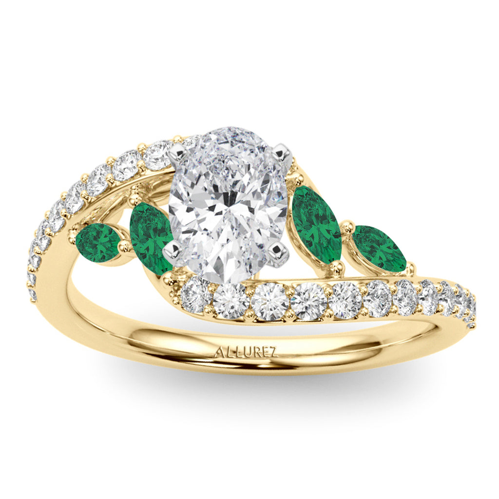 Swirl Design Diamond & Marquise Emerald Engagement Ring 18K Yellow Gold (0.63ct)