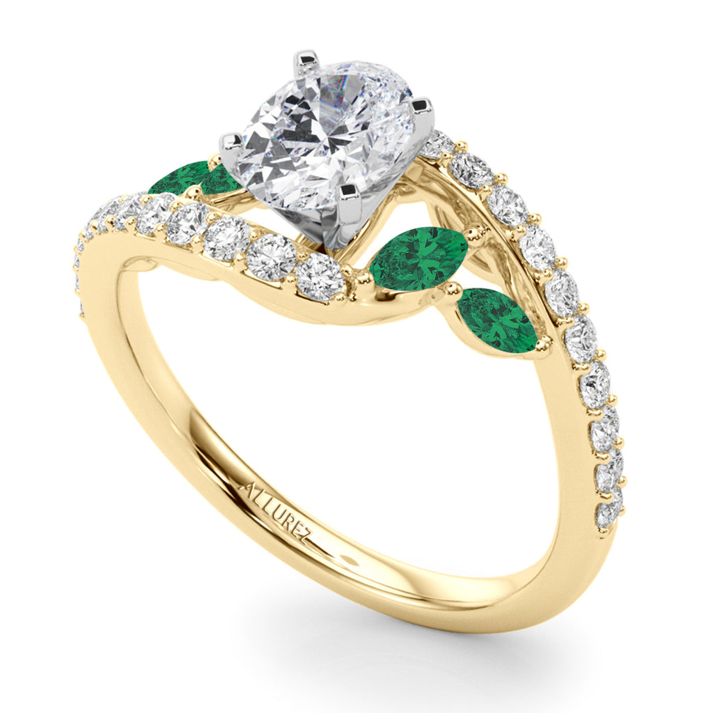 Swirl Design Diamond & Marquise Emerald Engagement Ring 18K Yellow Gold (0.63ct)