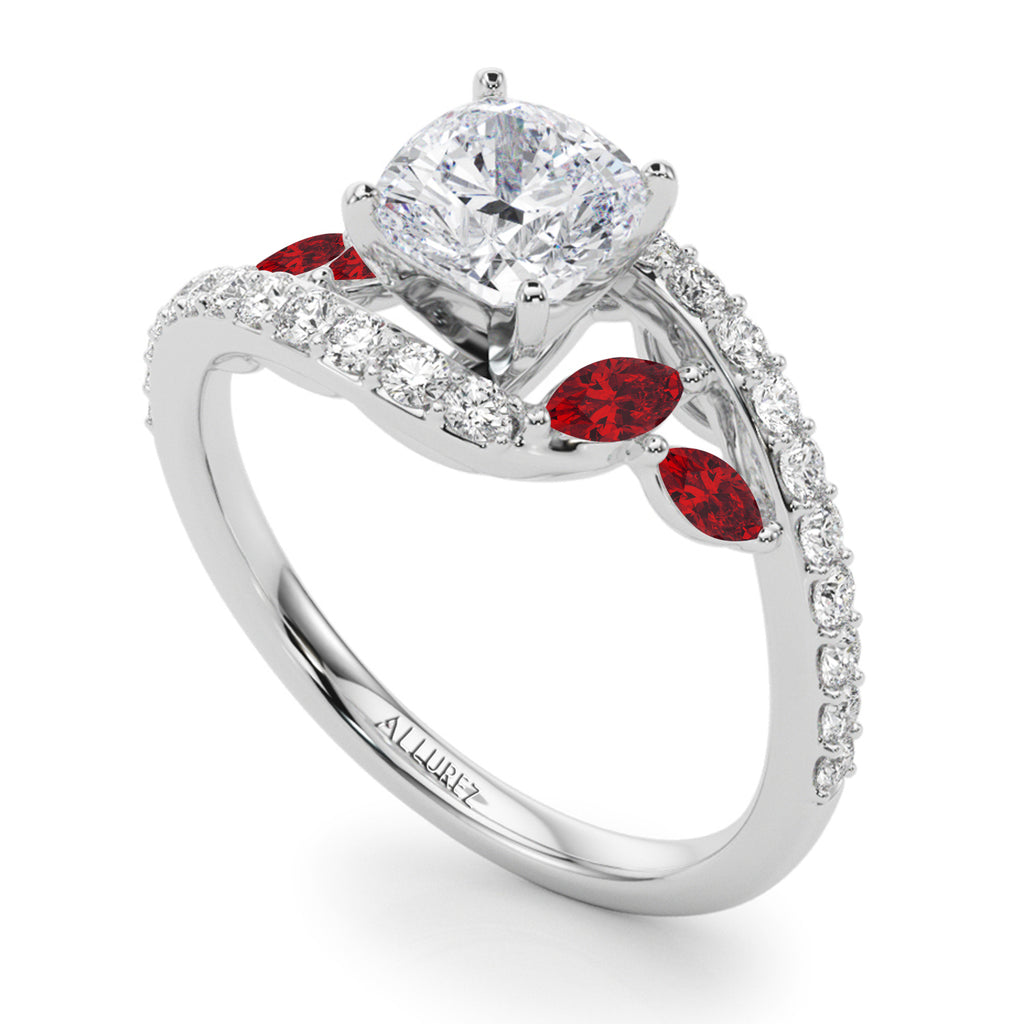 Swirl Design Diamond & Marquise Ruby Engagement Ring in Platinum (0.63ct)