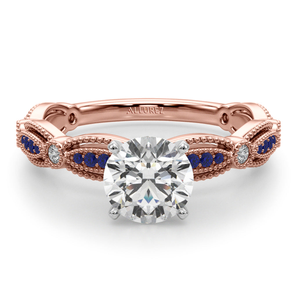 Antique Style Lab Blue Sapphire & Lab Diamond Engagement Ring 14K Rose Gold (0.20ct)
