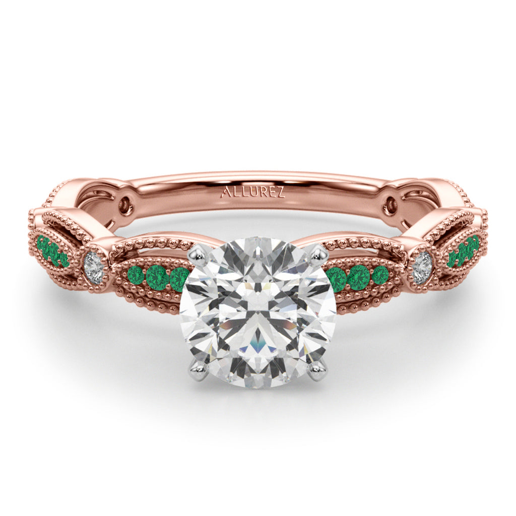 Antique Style Emerald & Diamond Engagement Ring 14K Rose Gold (0.20ct)