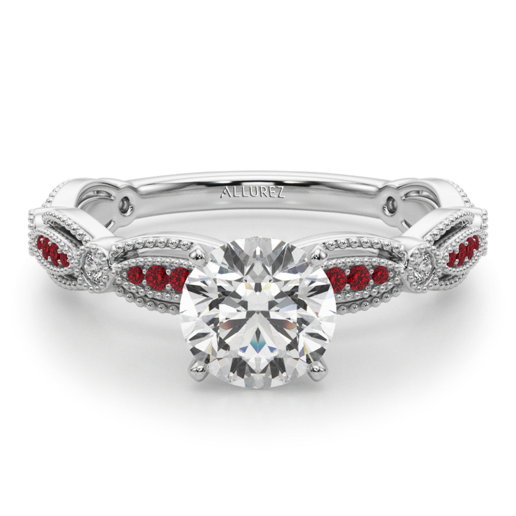 Antique Style Ruby & Diamond Engagement Ring 14K White Gold (0.20ct)