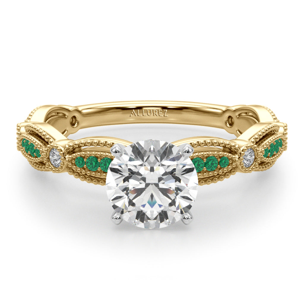 Antique Style Emerald & Diamond Engagement Ring 14K Yellow Gold (0.20ct)