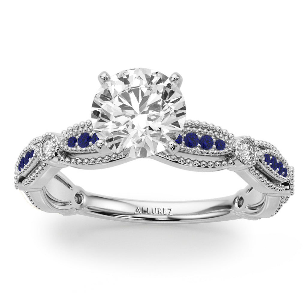 Antique Style Blue Sapphire & Diamond Engagement Ring 18K White Gold (0.20ct)