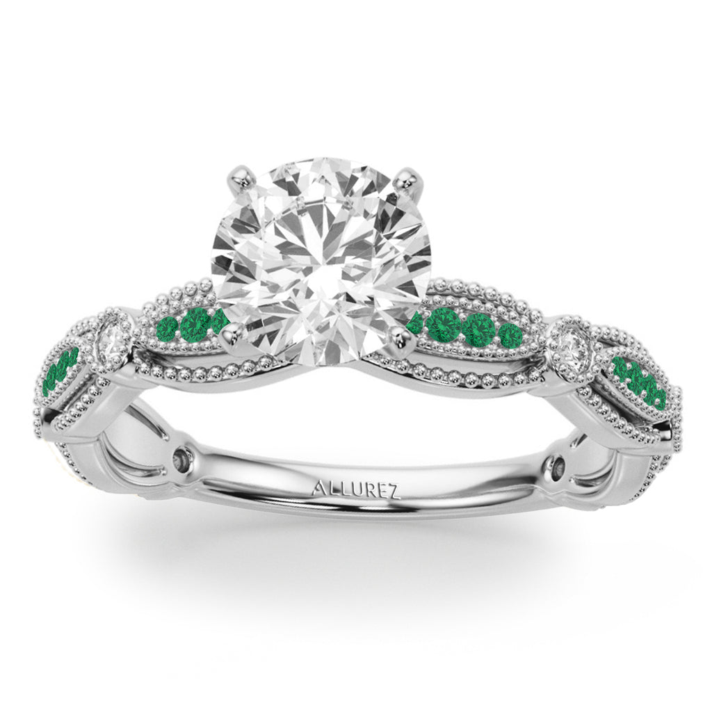 Antique Style Emerald & Diamond Engagement Ring 18K White Gold (0.20ct)