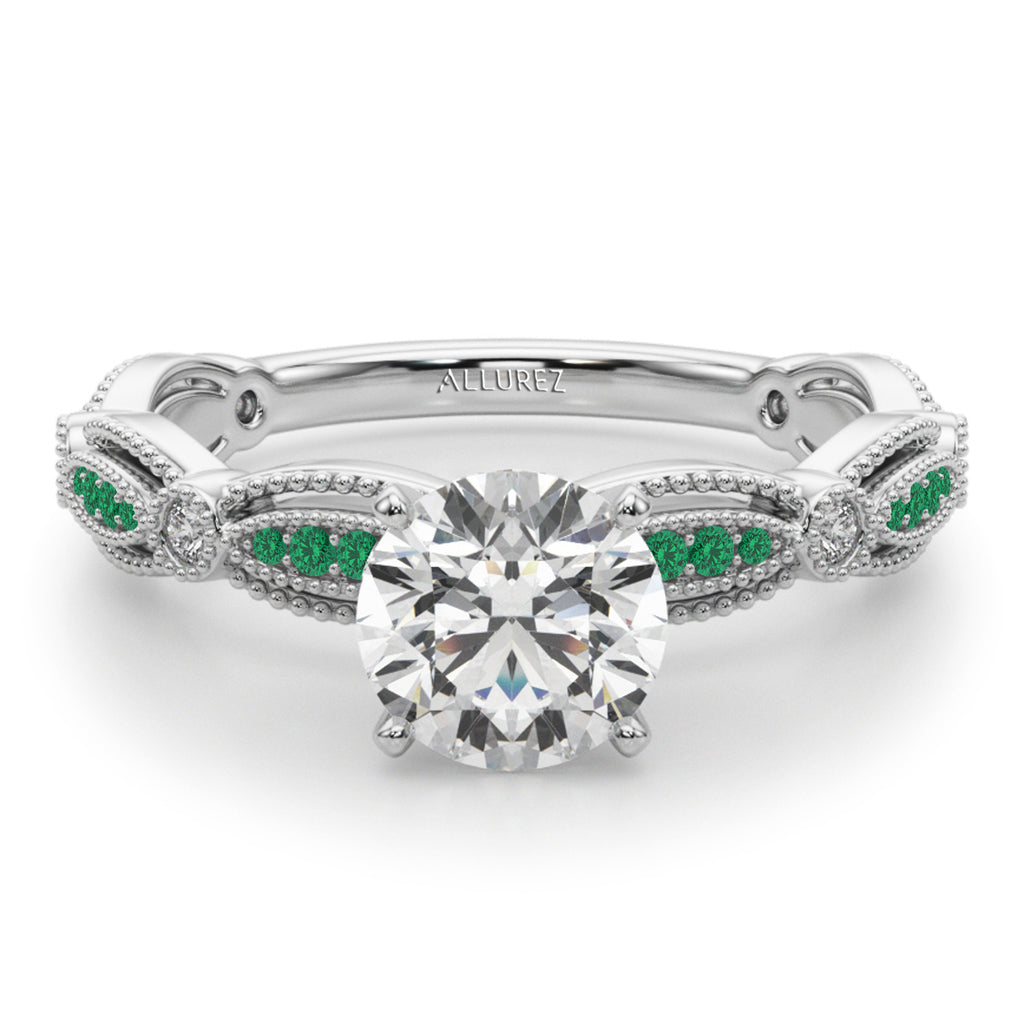 Antique Style Emerald & Diamond Engagement Ring 18K White Gold (0.20ct)