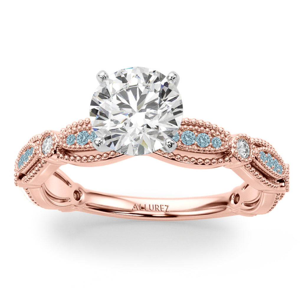 Antique Style Aquamarine & Diamond Bridal Ring Set 14K Rose Gold (0.40ct)