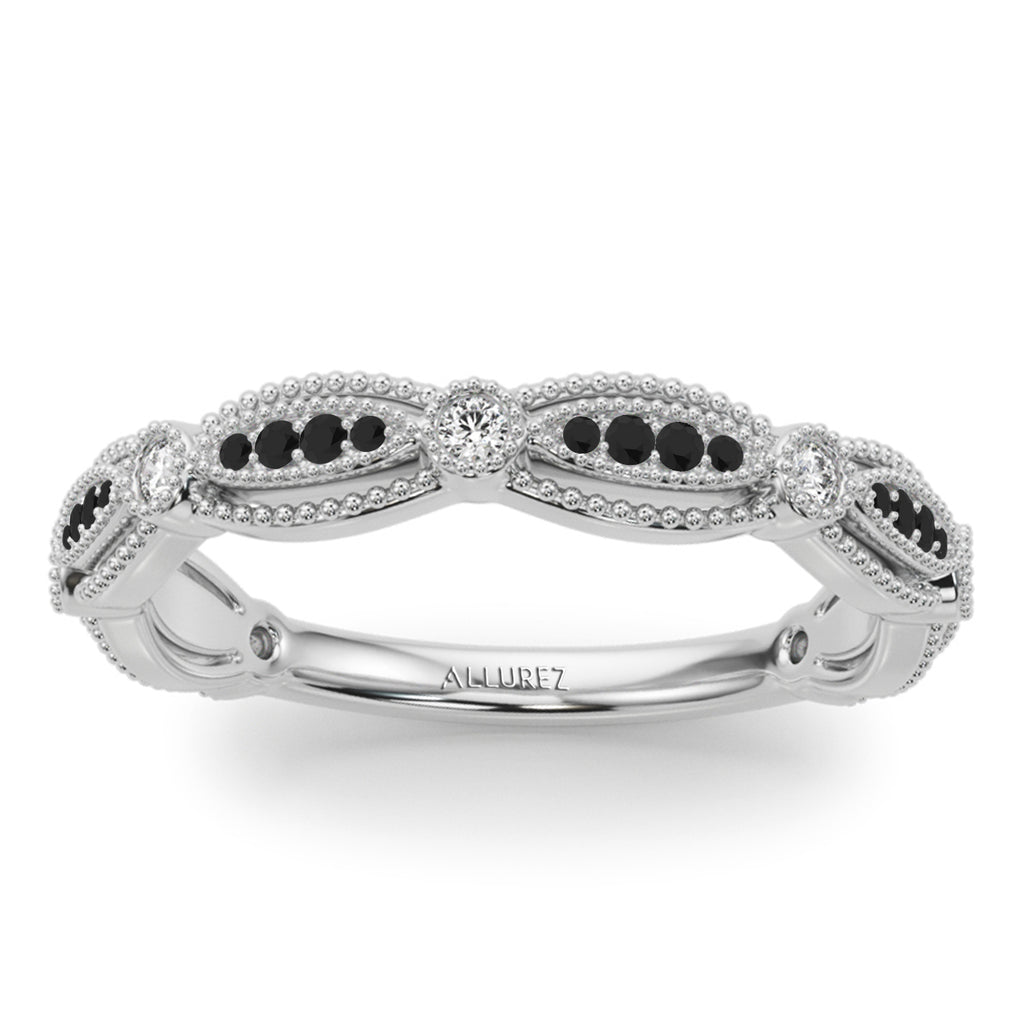 Antique Style Black Diamond & Diamond Bridal Ring Set 14K White Gold (0.40ct)
