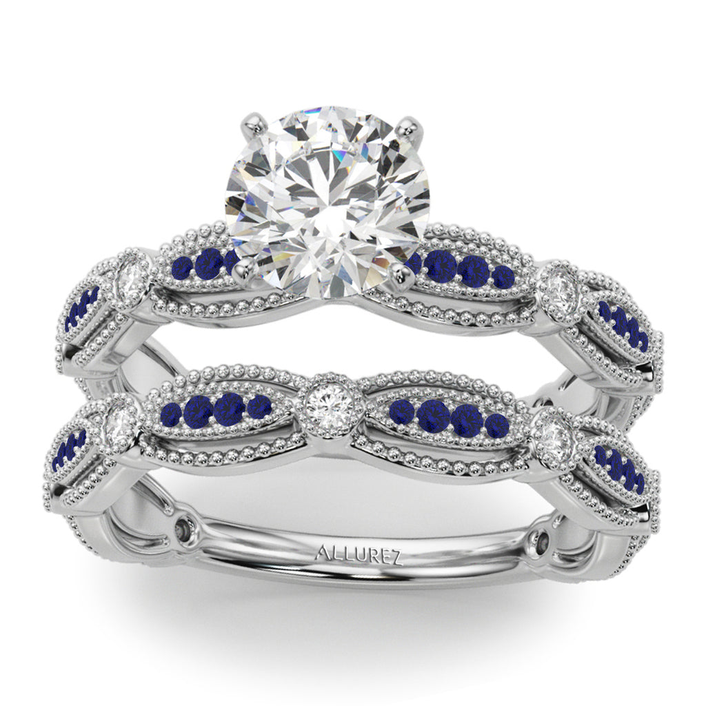 Antique Style Lab Blue Sapphire & Lab Diamond Bridal Ring Set 14K White Gold (0.40ct)
