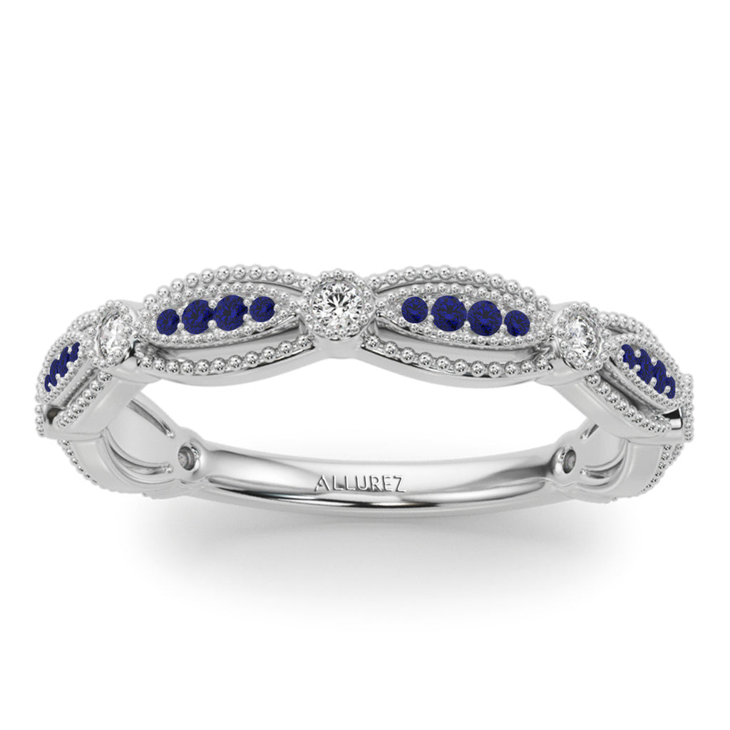 Antique Style Lab Blue Sapphire & Lab Diamond Bridal Ring Set 14K White Gold (0.40ct)