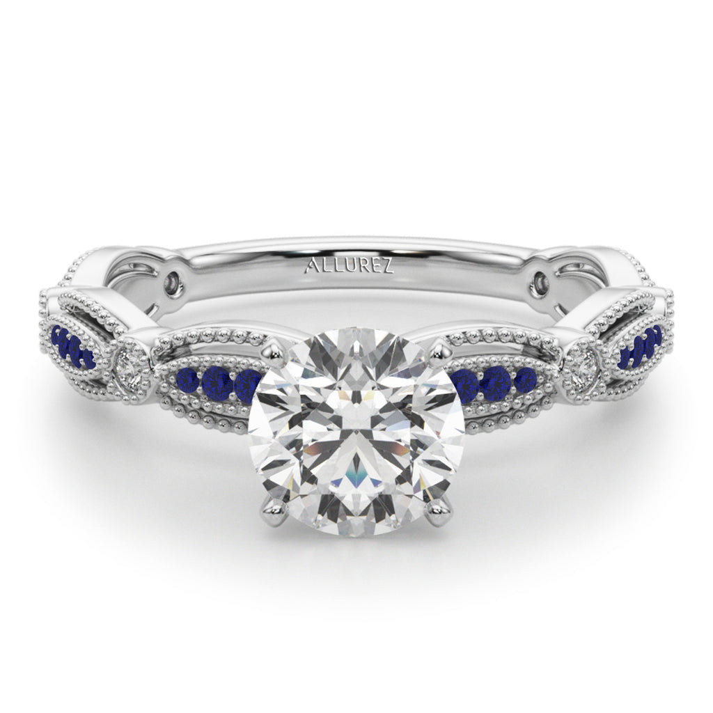 Antique Style Lab Blue Sapphire & Lab Diamond Bridal Ring Set 14K White Gold (0.40ct)
