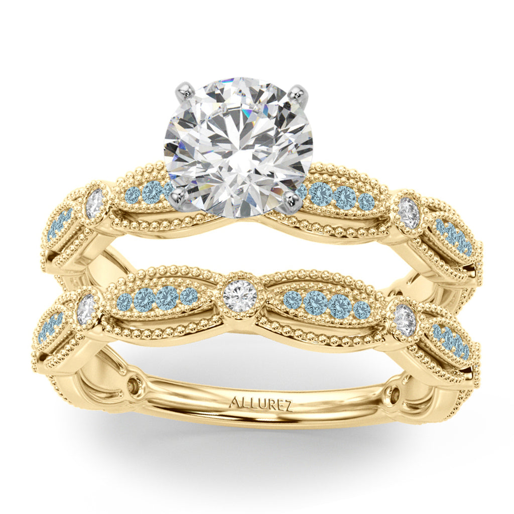 Antique Style Aquamarine & Diamond Bridal Ring Set 14K Yellow Gold (0.40ct)