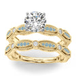 Antique Style Aquamarine & Diamond Bridal Ring Set 14K Yellow Gold (0.40ct)