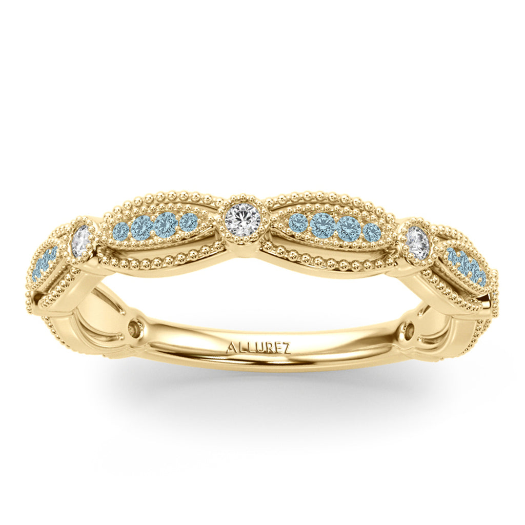 Antique Style Aquamarine & Diamond Bridal Ring Set 14K Yellow Gold (0.40ct)