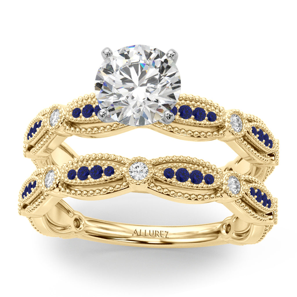 Antique Style Blue Sapphire & Diamond Bridal Ring Set 14K Yellow Gold (0.40ct)