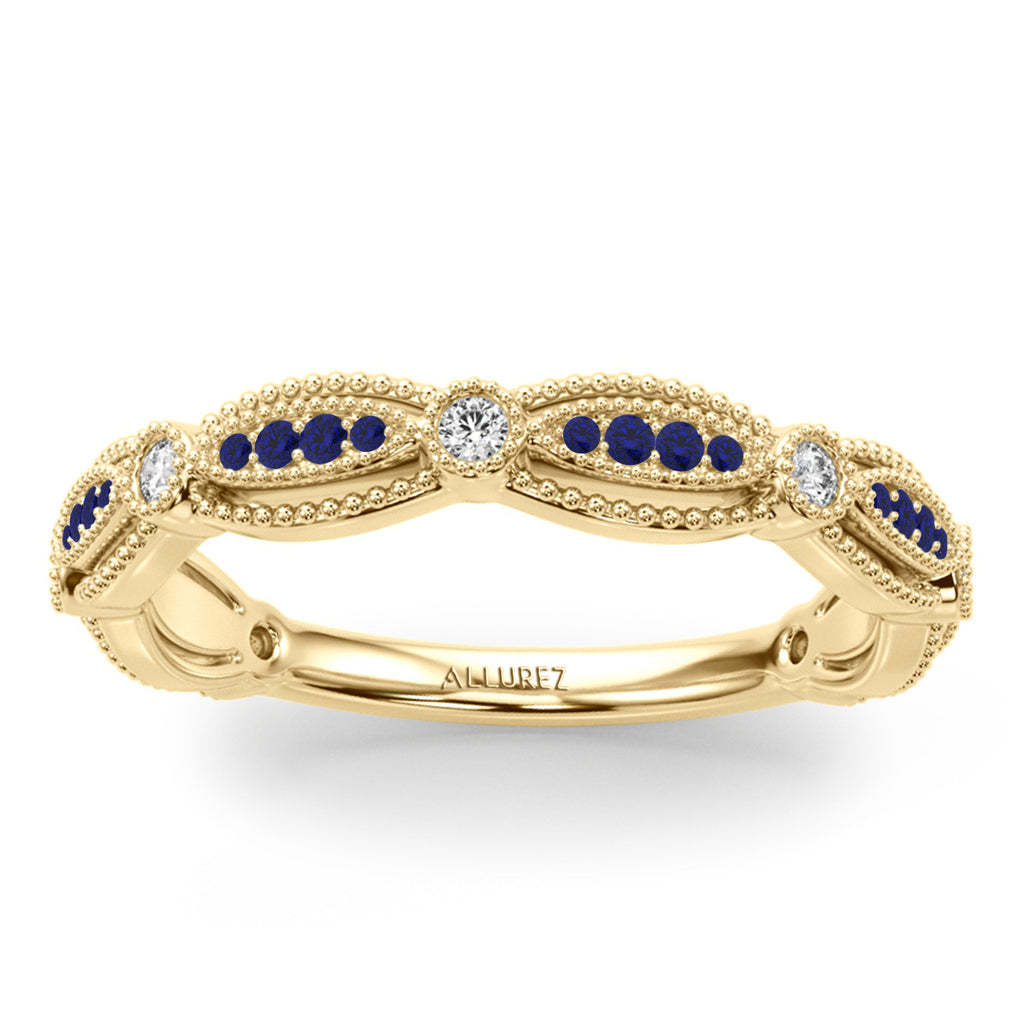 Antique Style Blue Sapphire & Diamond Bridal Ring Set 14K Yellow Gold (0.40ct)