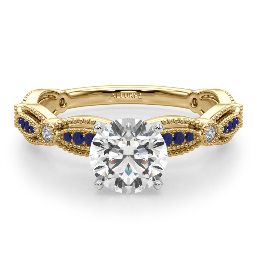 Antique Style Blue Sapphire & Diamond Bridal Ring Set 14K Yellow Gold (0.40ct)