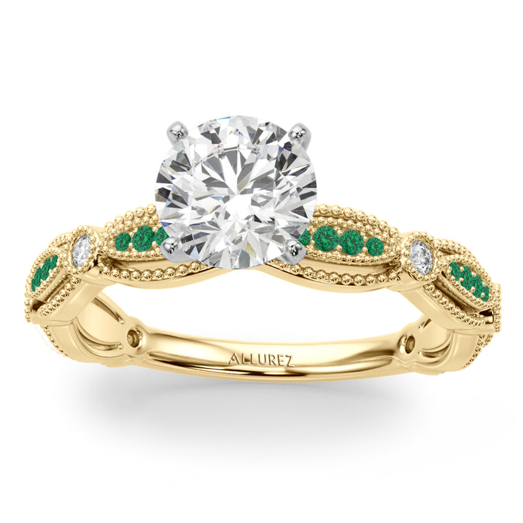Antique Style Emerald & Diamond Bridal Ring Set 14K Yellow Gold (0.40ct)